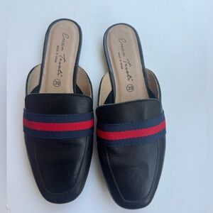 Enzo Tesoti Leather Slip On Mules Black Navy Blue Stripe Shoes Size US 7.5